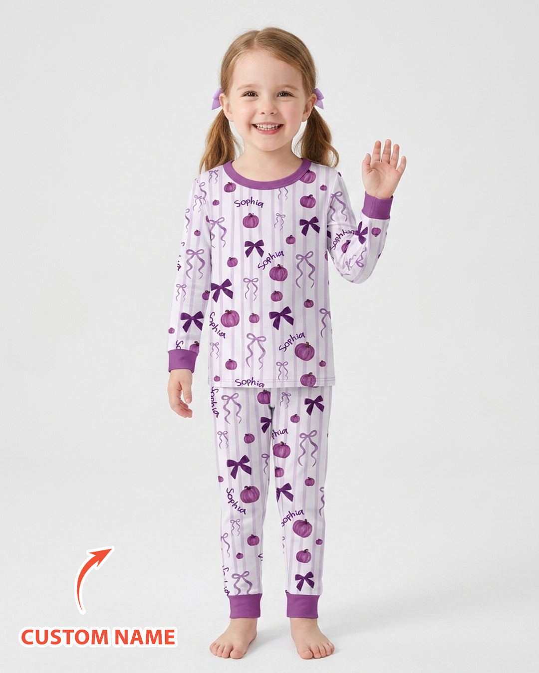 Custom Name Coquette Pumpkin Bow Fall Bamboo Two Piece Long Sleeve Pajama Set
