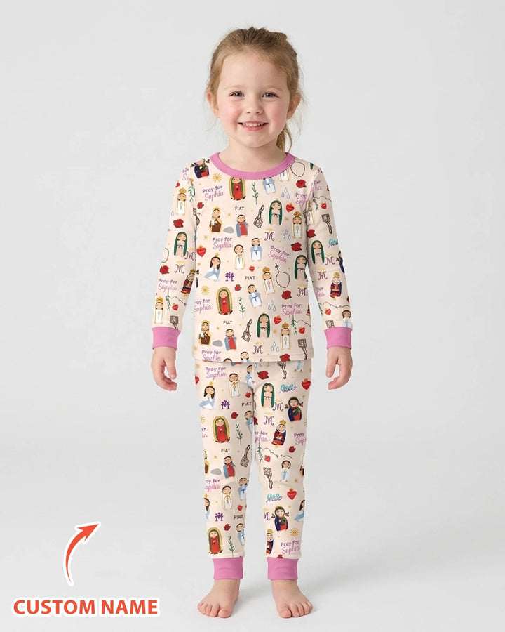 Mother Mary Pray For Me Custom Name Bamboo Two Piece Long Sleeve Pajama Set