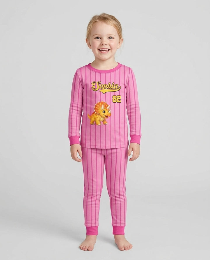 Personalized Retro Stripe Dinosaur T-Rex Bamboo Two Piece Long Sleeve Pajama Set