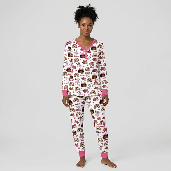 Personalisierbares Name Black Girl Magic Pyjama Set aus Bambus für Frauen