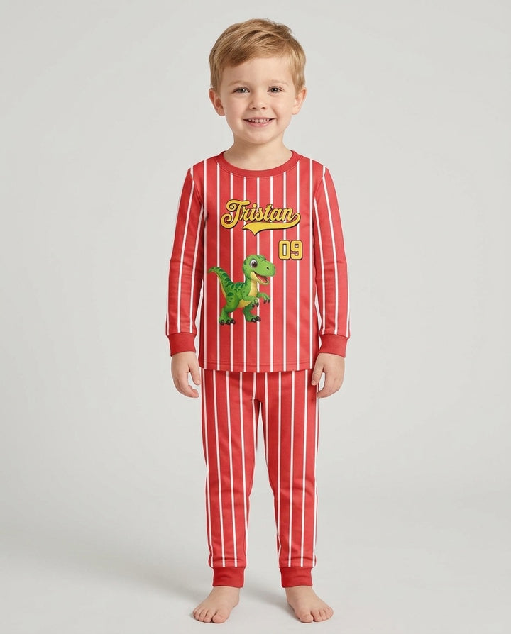 Personalized Retro Stripe Dinosaur T-Rex Bamboo Two Piece Long Sleeve Pajama Set