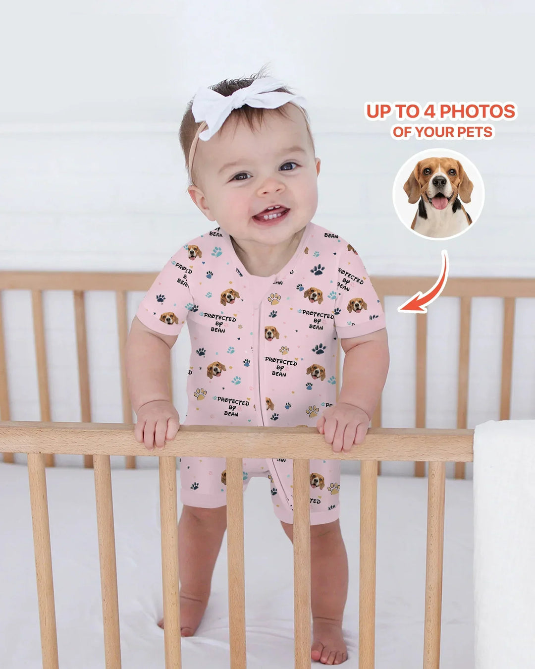 Custom Dog Photo Pattern "Protected By" Bamboo Shorty Zippered Romper
