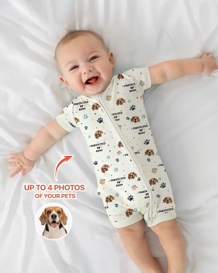 Custom Dog Photo Pattern "Protected By" Bamboo Shorty Zippered Romper