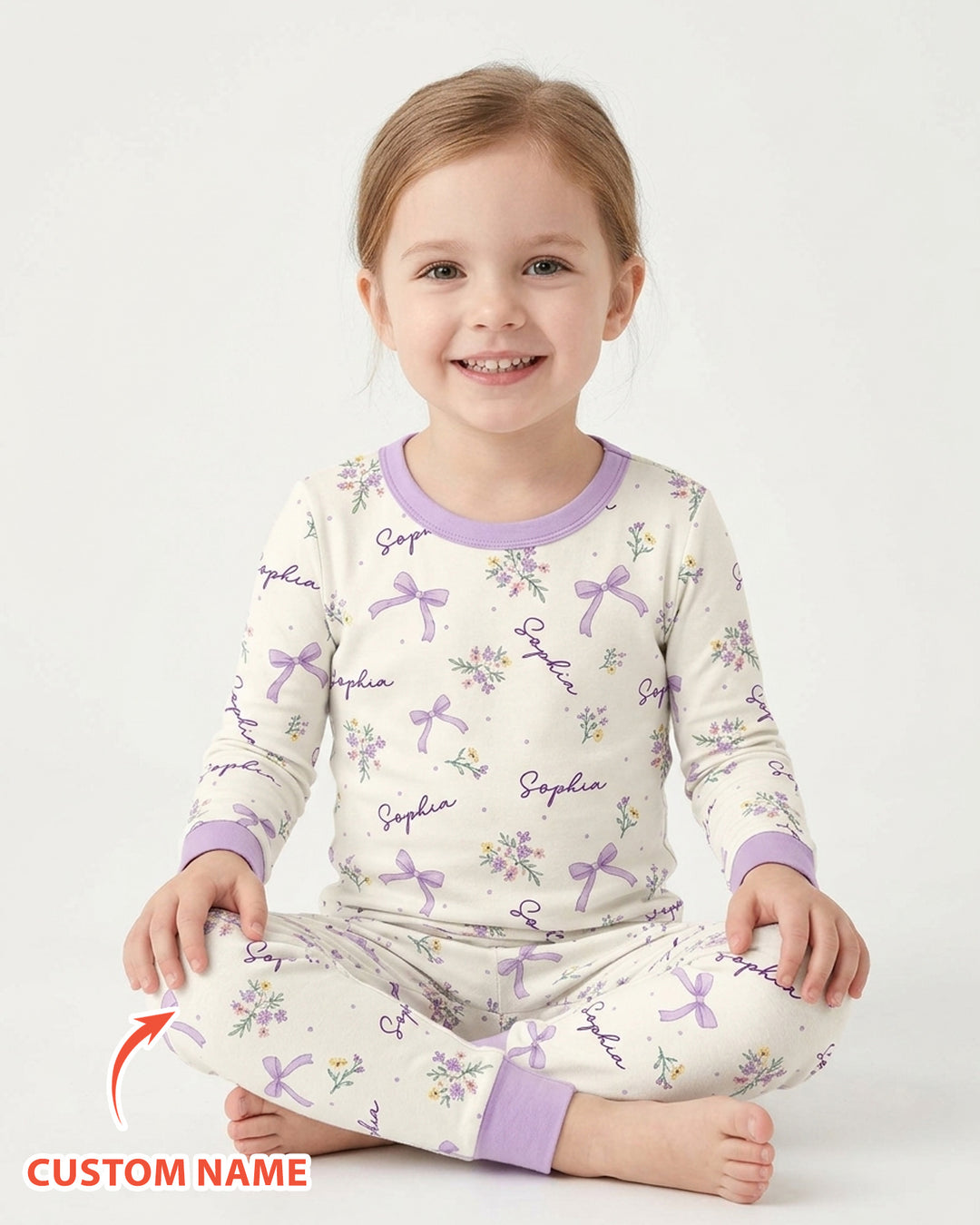 Pastel Ditsy Floral Bow Bamboo Two Piece Long Sleeve Pajama Set