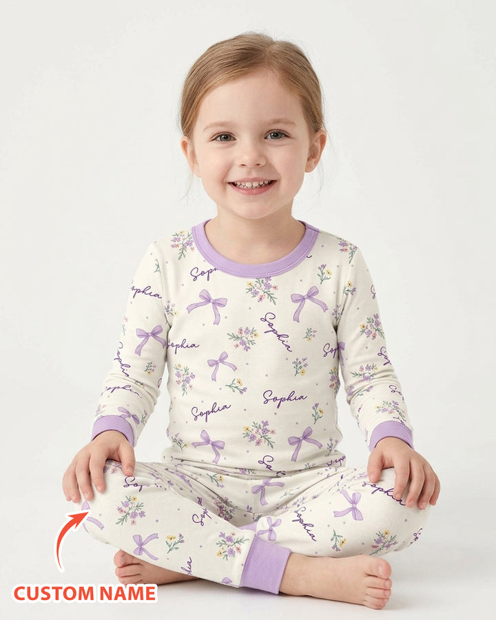 Pastel Ditsy Floral Bow Bamboo Two Piece Long Sleeve Pajama Set