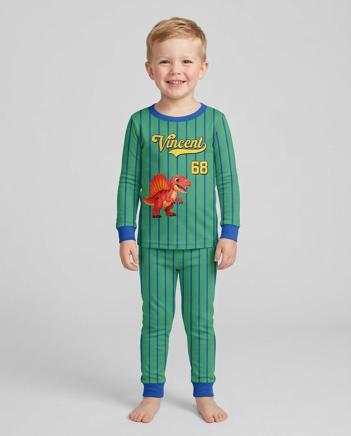 Personalized Retro Stripe Dinosaur T-Rex Bamboo Two Piece Long Sleeve Pajama Set