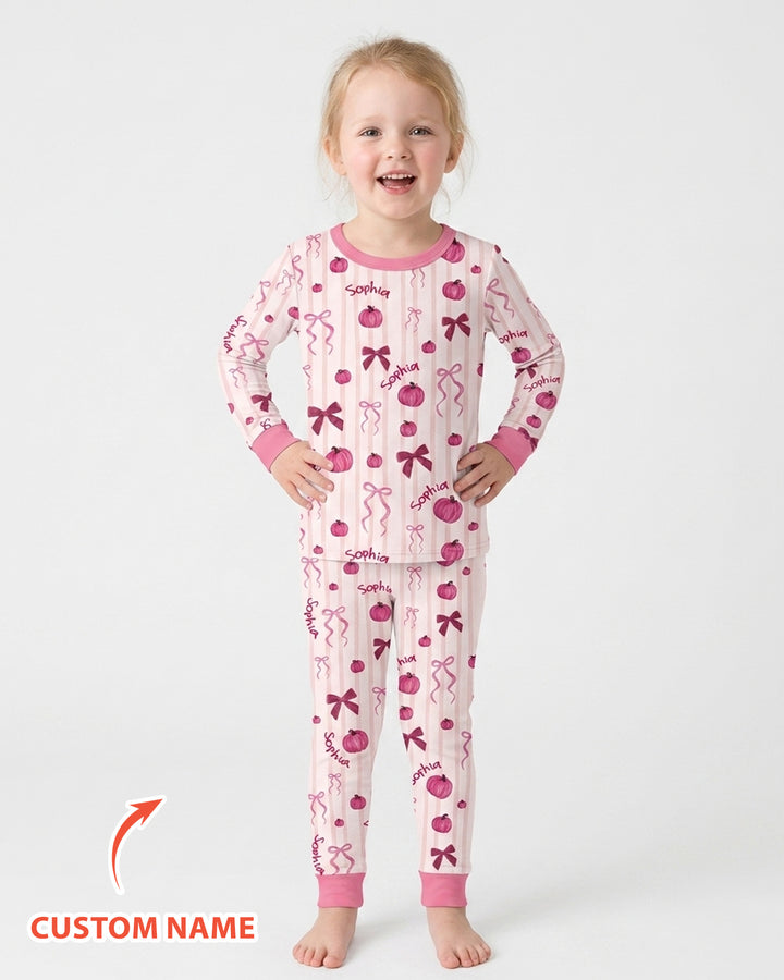 Custom Name Coquette Pumpkin Bow Fall Bamboo Two Piece Long Sleeve Pajama Set