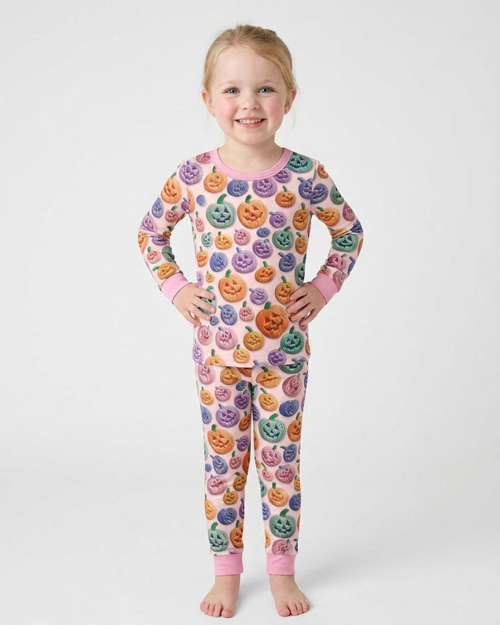 Happy Halloween Pastel Jack O Lanterns Bamboo Two Piece Long Sleeve Pajama Set