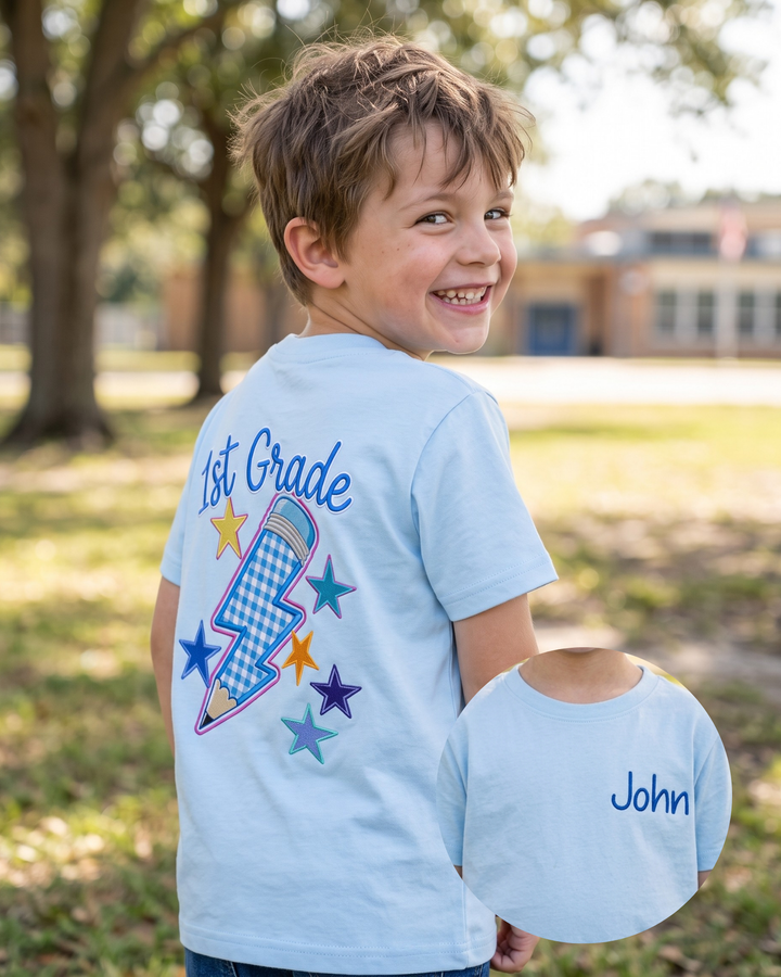 Custom Name First Grade Lightning Applique Embroidered Bamboo Crewneck T-Shirt