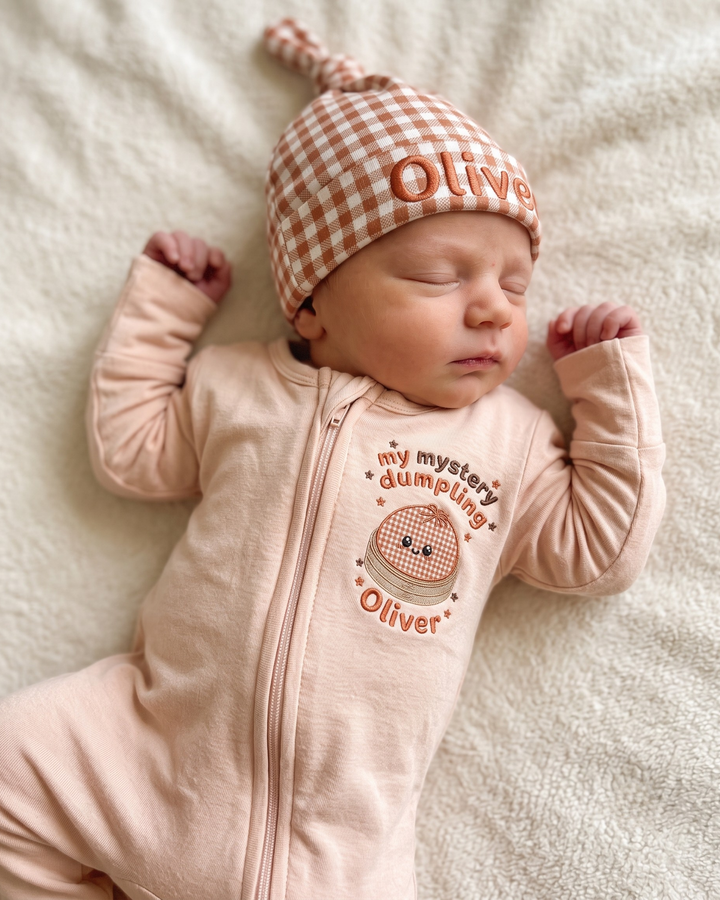 Custom Name My Mystery Dumpling Embroidered Bamboo Zipper Footie