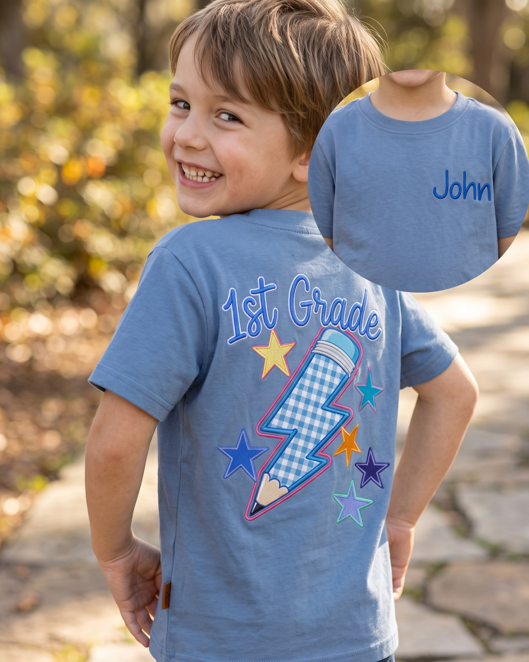 Custom Name First Grade Lightning Applique Embroidered Bamboo Crewneck T-Shirt