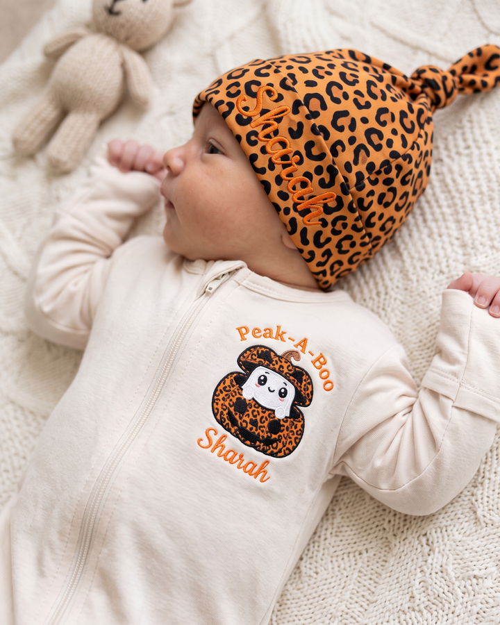 Custom Name Peek-A-Boo Pumpkin Ghost Applique Embroidered Bamboo Zipper Footie
