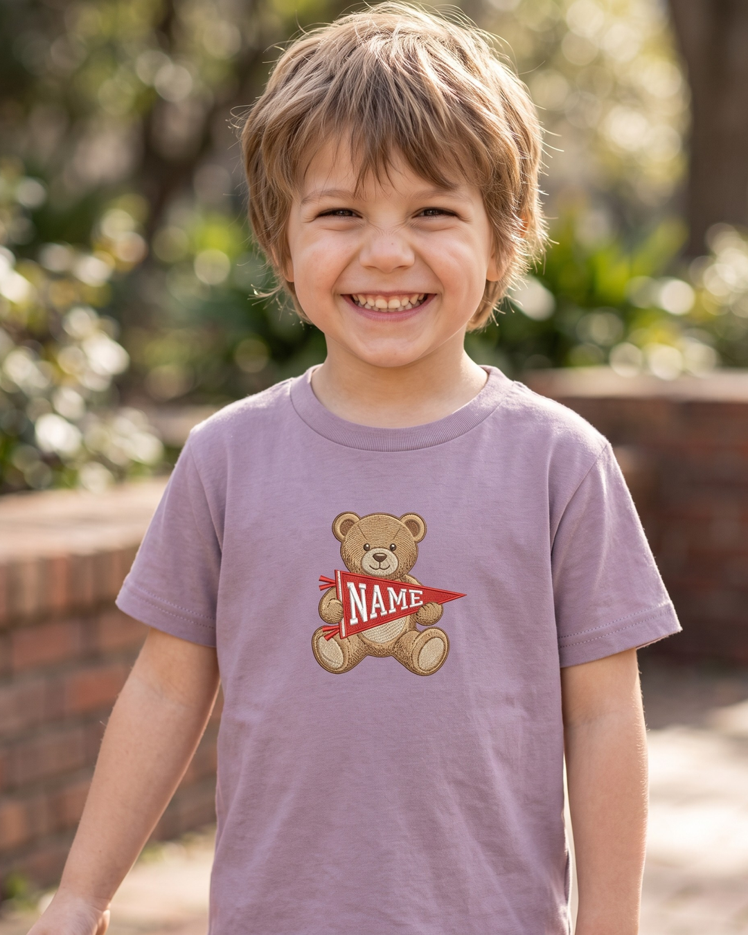 Custom Name Teddy Pennant Embroidered Bamboo Crewneck T-Shirt