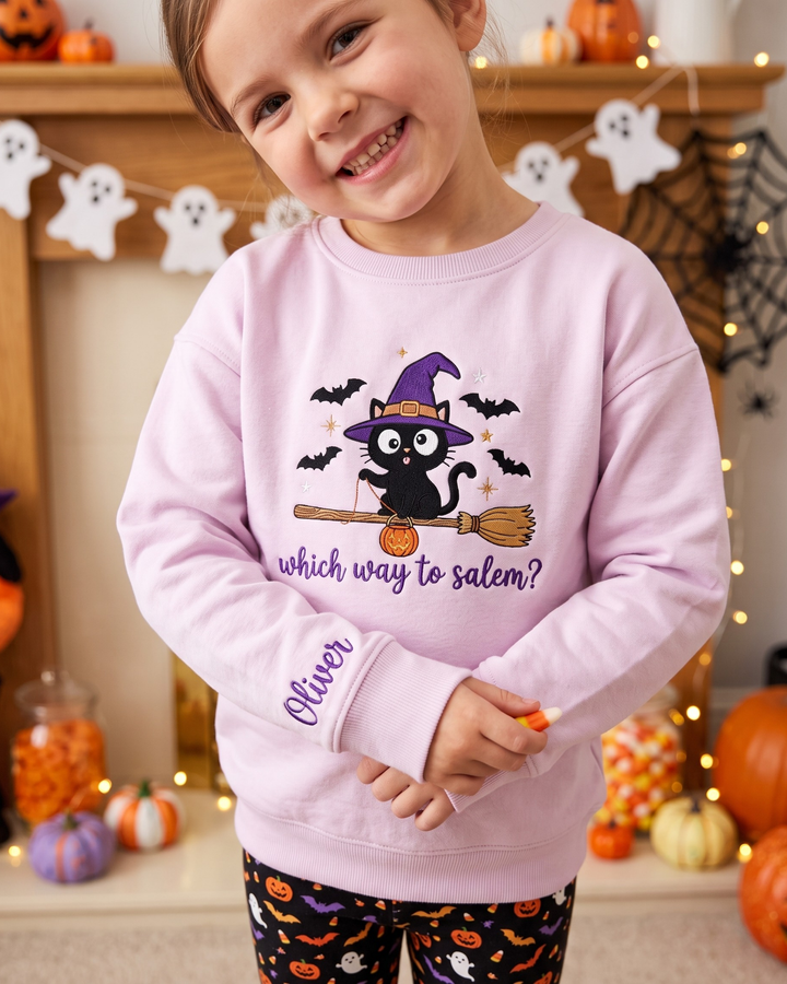 Witchy Cat Embroidered Bamboo Crewneck Sweatshirt