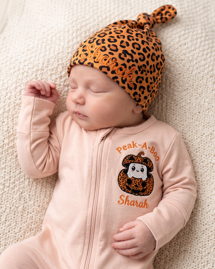Custom Name Peek-A-Boo Pumpkin Ghost Applique Embroidered Bamboo Zipper Footie