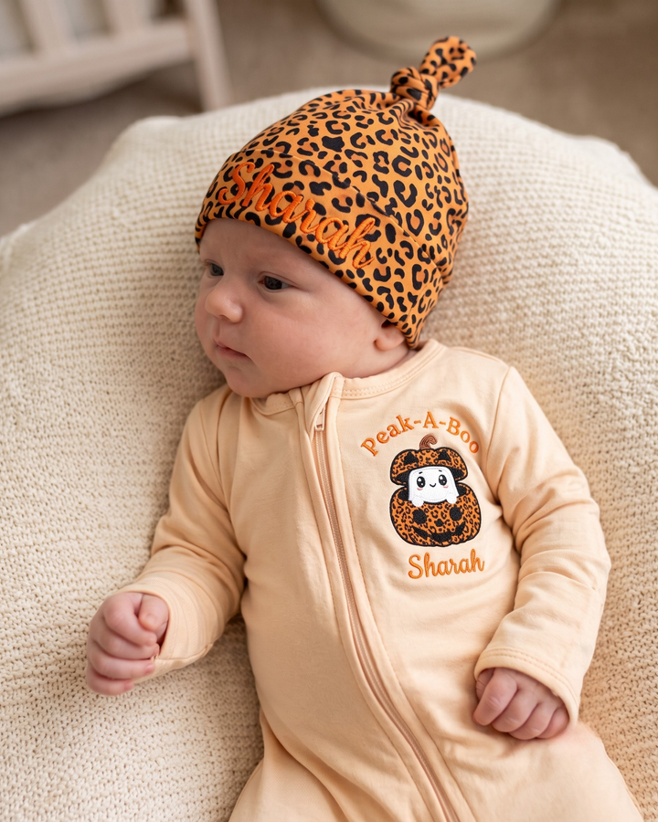 Custom Name Peek-A-Boo Pumpkin Ghost Applique Embroidered Bamboo Zipper Footie