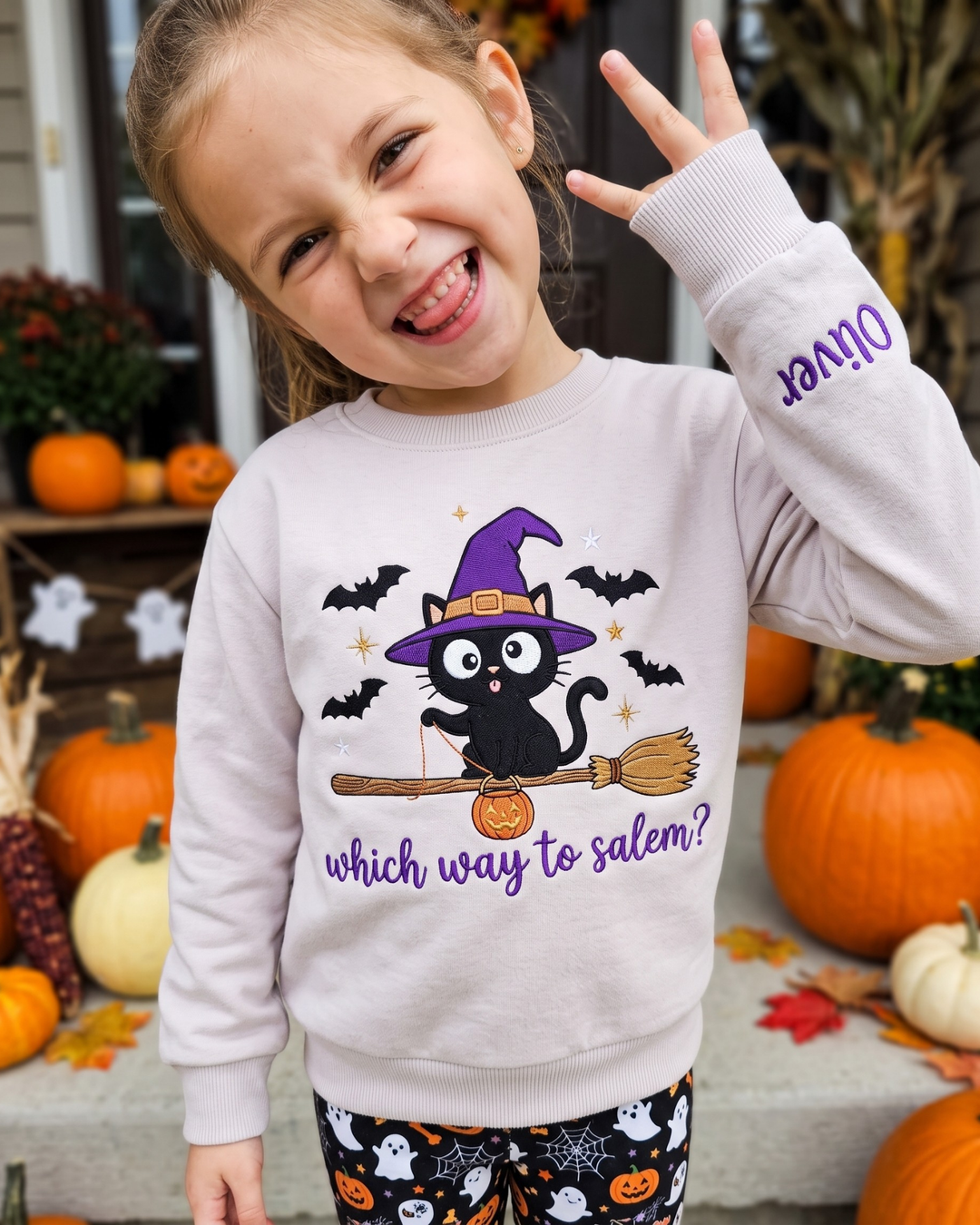 Witchy Cat Embroidered Bamboo Crewneck Sweatshirt