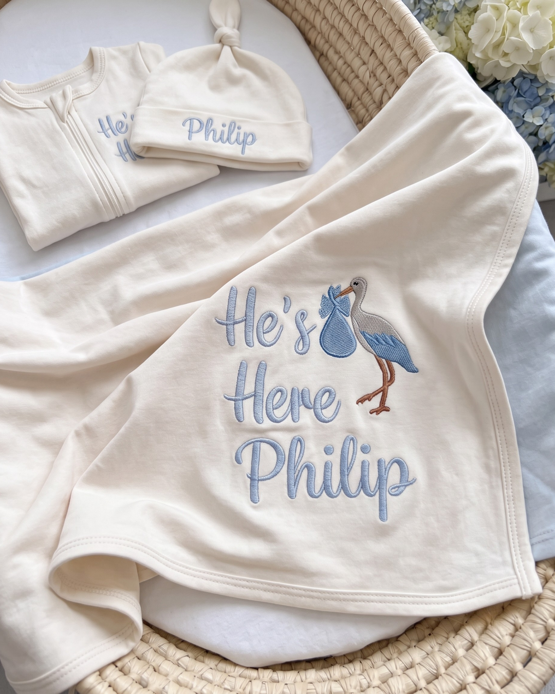 Personalized He's Here Embroidered Bamboo Blanket