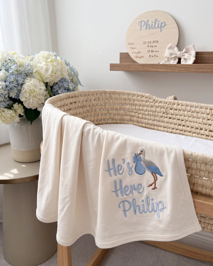 Personalized He's Here Embroidered Bamboo Blanket