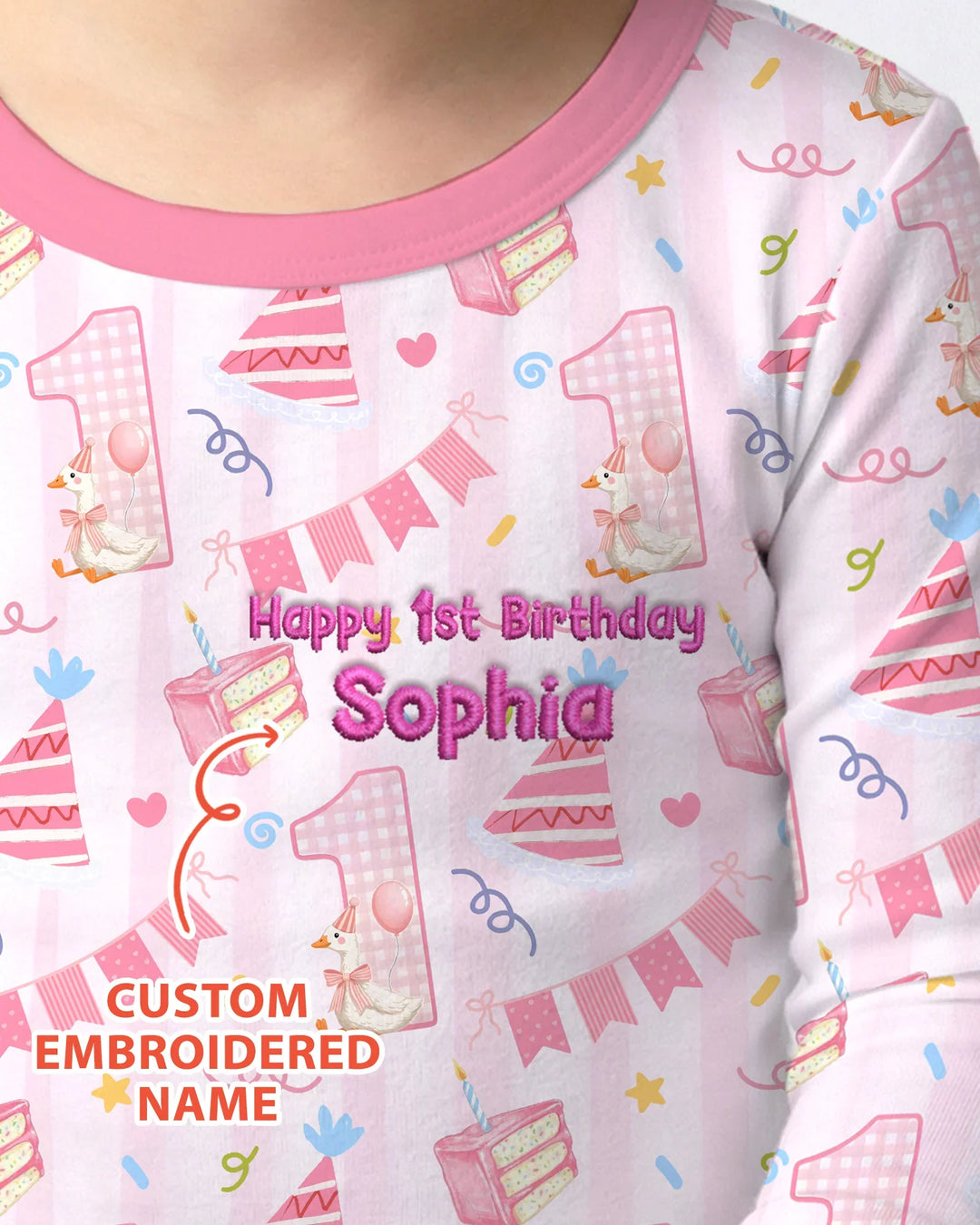 1st Birthday Girl Embroidered Baby Bamboo Two Piece Long Sleeve Pajama Set