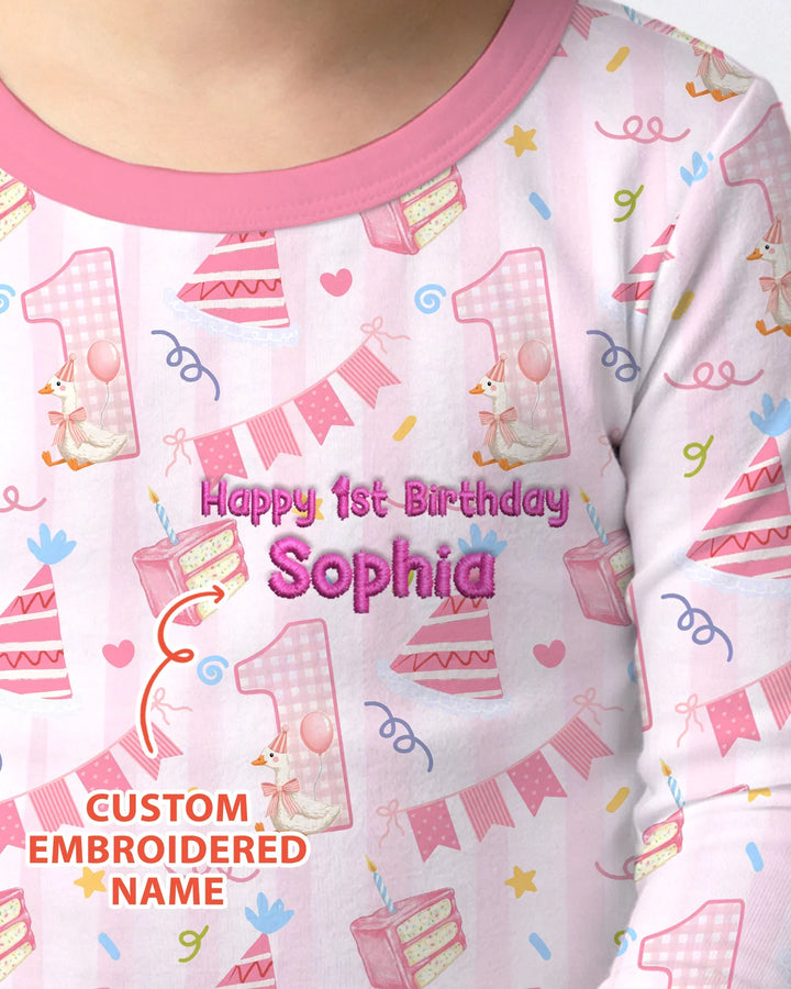 1st Birthday Girl Embroidered Baby Bamboo Two Piece Long Sleeve Pajama Set
