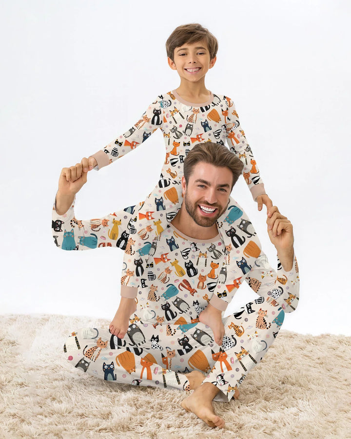 Goofy Mischief Cat Family Matching Bamboo Two Piece Long Sleeve Pajama Set