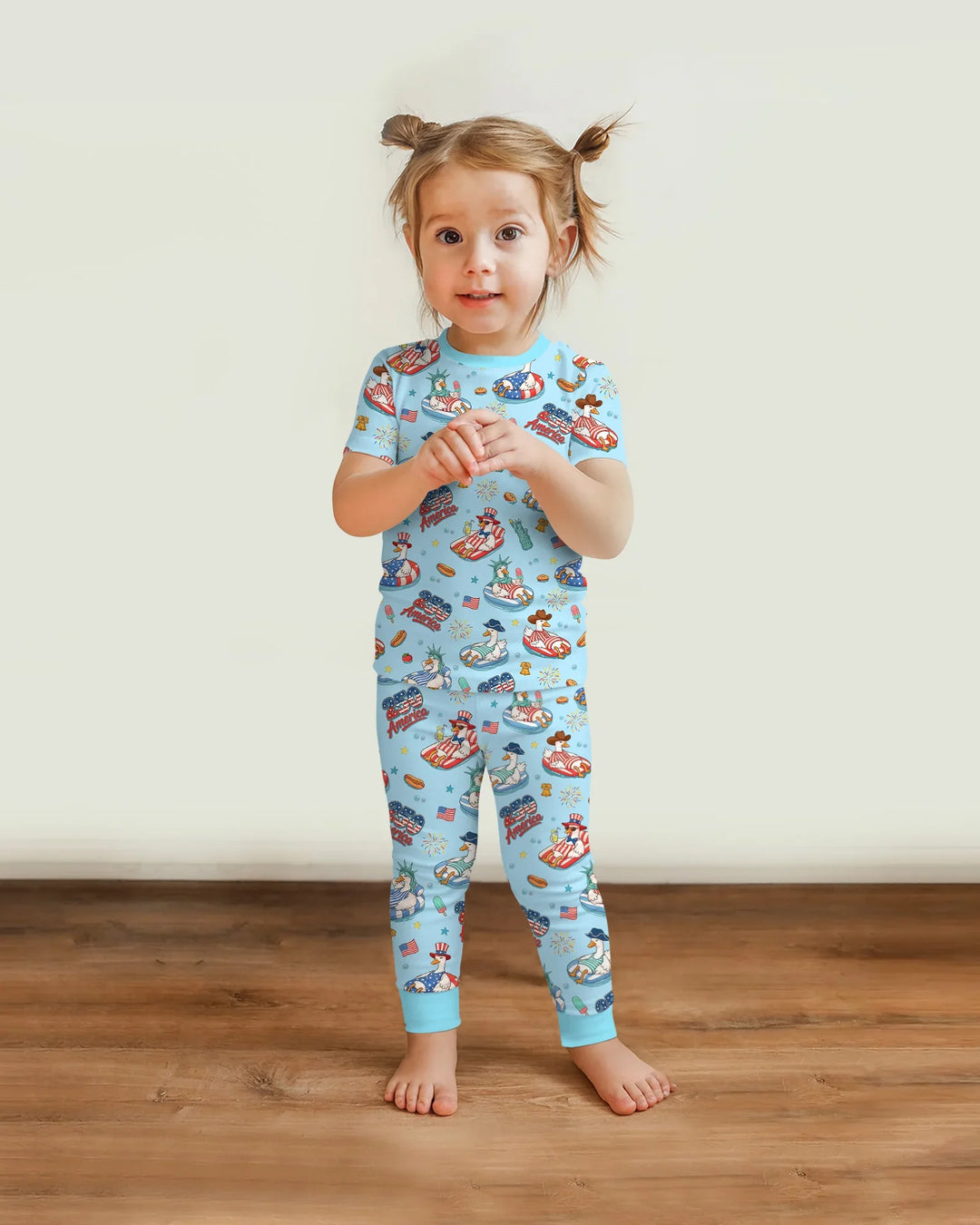 250 America Patriotic Goose Family Matching Bamboo Two Piece Short Sleeve Pajama Set