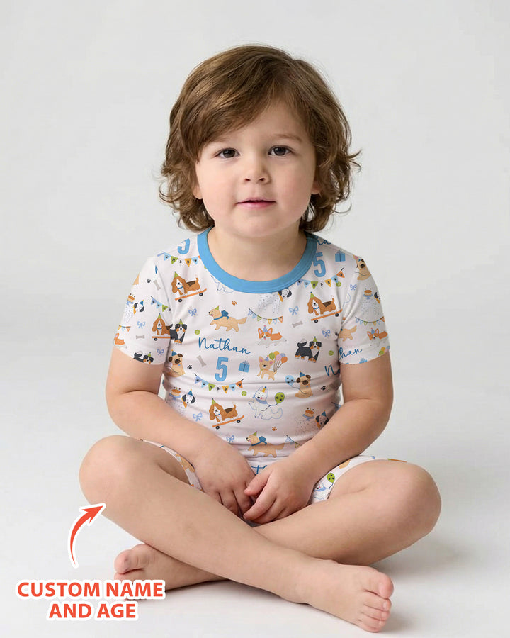 Custom Name Birthday Dogs Party Bamboo Two Piece Short Sleeve Shorts Pajama Set