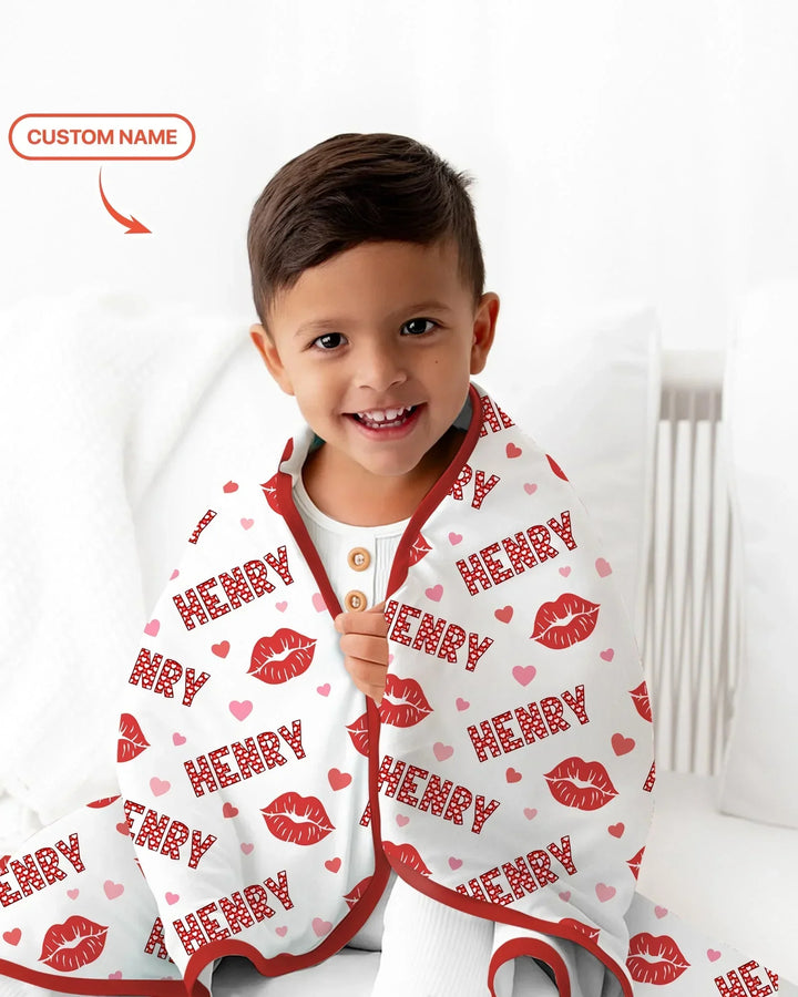 Custom Name Valentine Kiss Bamboo Blanket