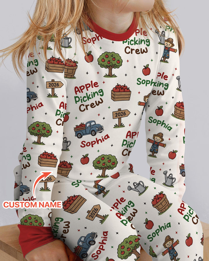 Custom Name Apple Picking Crew Bamboo Two Piece Long Sleeve Pajama Set