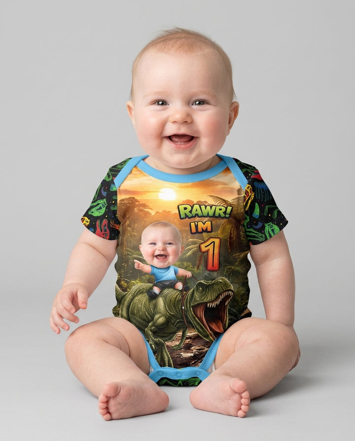 Custom Photo Dino Rawr Birthday Bamboo Bodysuit