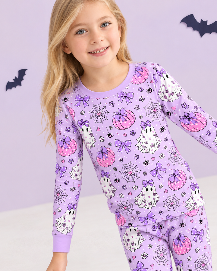 Purple Bow Ghost Halloween Bamboo Two Piece Long Sleeve Pajama Set