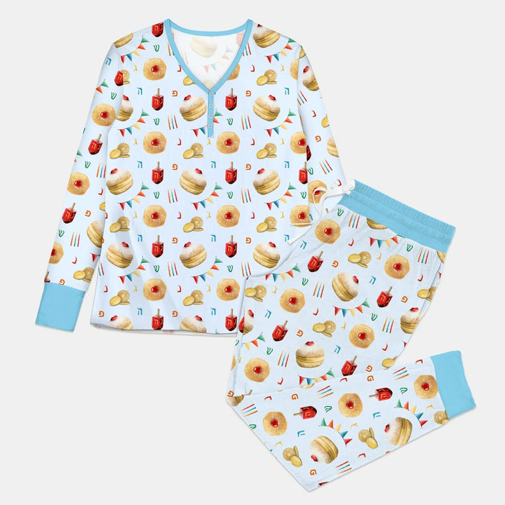 Hanukkah Donuts Women Pajama Set , Hanukkah Donuts Women Pajama Set - Combo Shirt & Pants / S / Blue