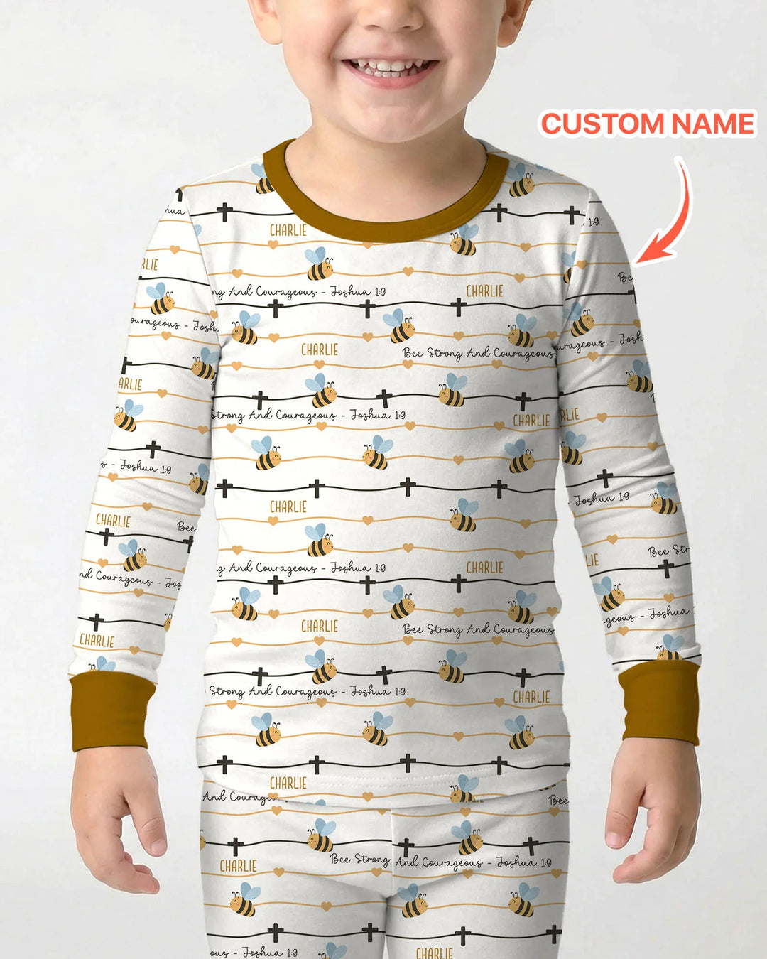 Bee Strong And Courageous Custom Name Bamboo Two Piece Long Sleeve Pajama Set