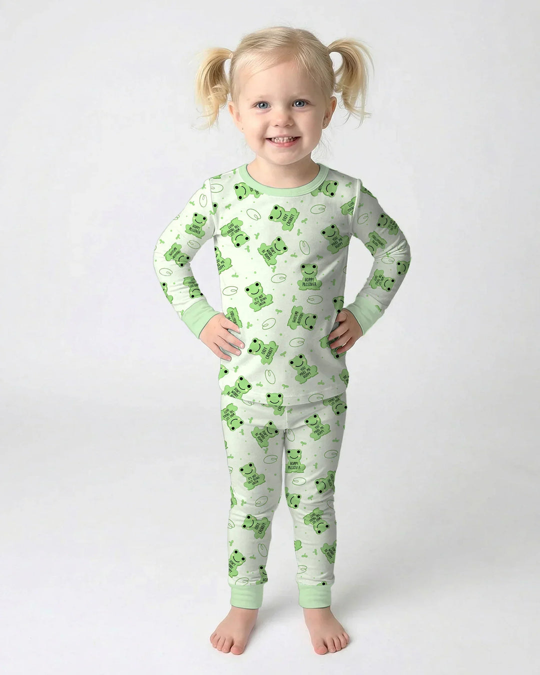 Marzipan Passover Conversation Frogs Bamboo Two Piece Long Sleeve Pajama Set