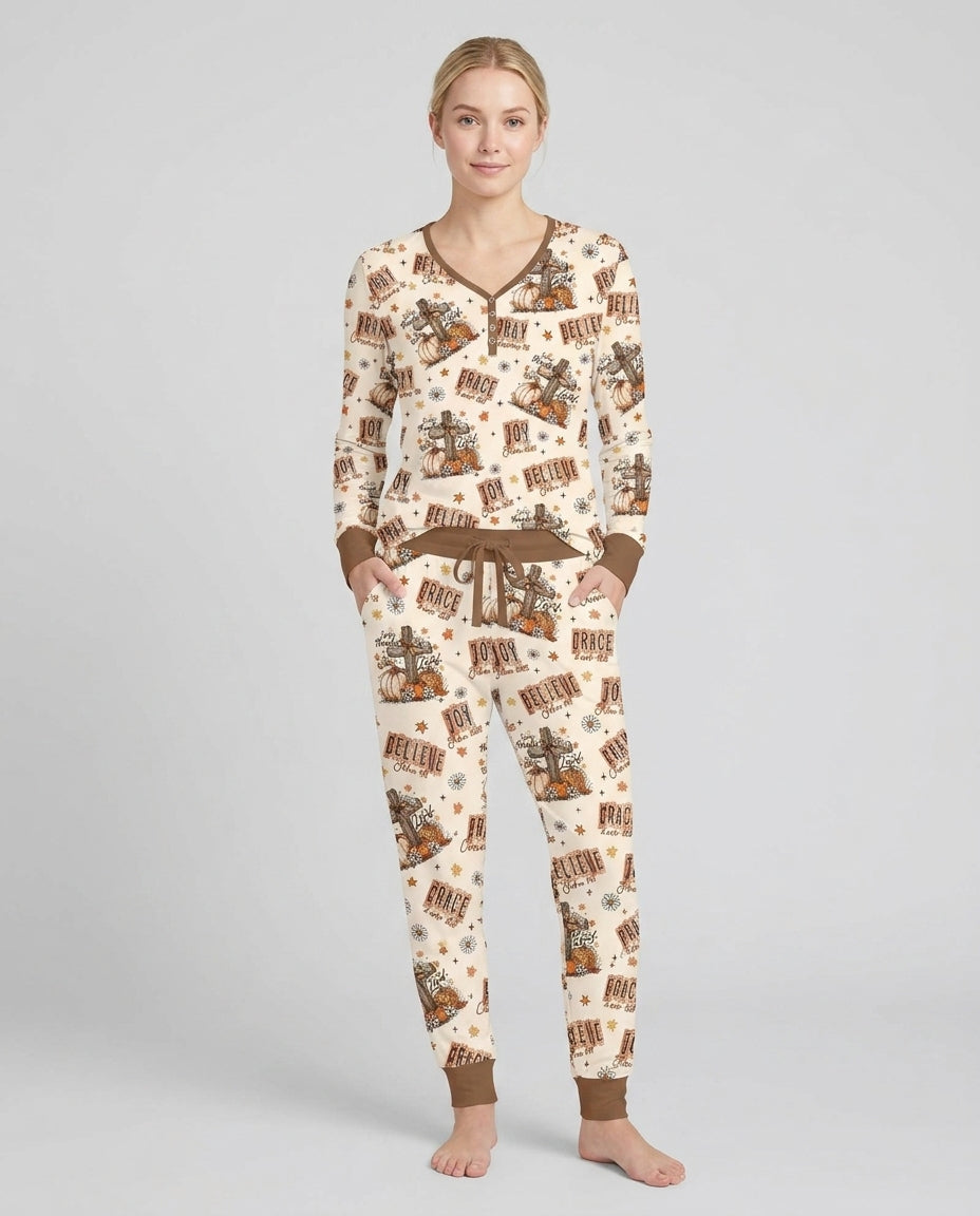 Floral Fall Give Thanks To The Lord Bamboo Women Pajama Set