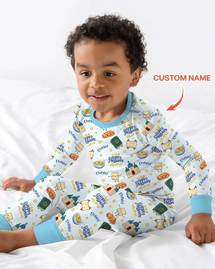 Custom name "Pesach Sameach" Bamboo Two Piece Long Sleeve Pajama Set