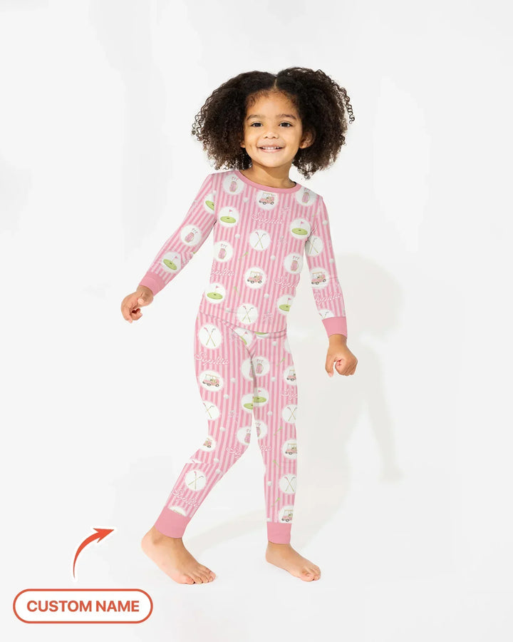 Custom Name Pink Golf Girl Bamboo Two Piece Long Sleeve Pajama Set