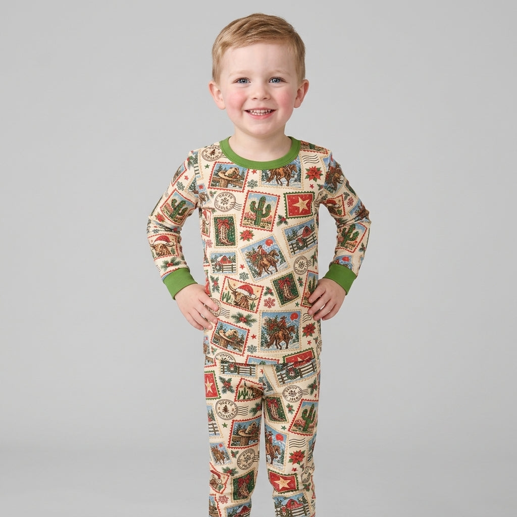 Western Christmas Stamps Bamboo Two Piece Long Sleeve Pajama Set