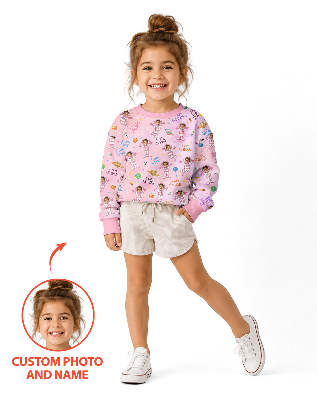 Custom Photo Kid Affirmations I Am Kind Astronaut Bamboo Crewneck Sweatshirt