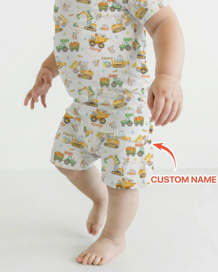 Easter Construction Vehicles Custom Name Bamboo Two Piece Short Sleeve Shorts Pajama Set