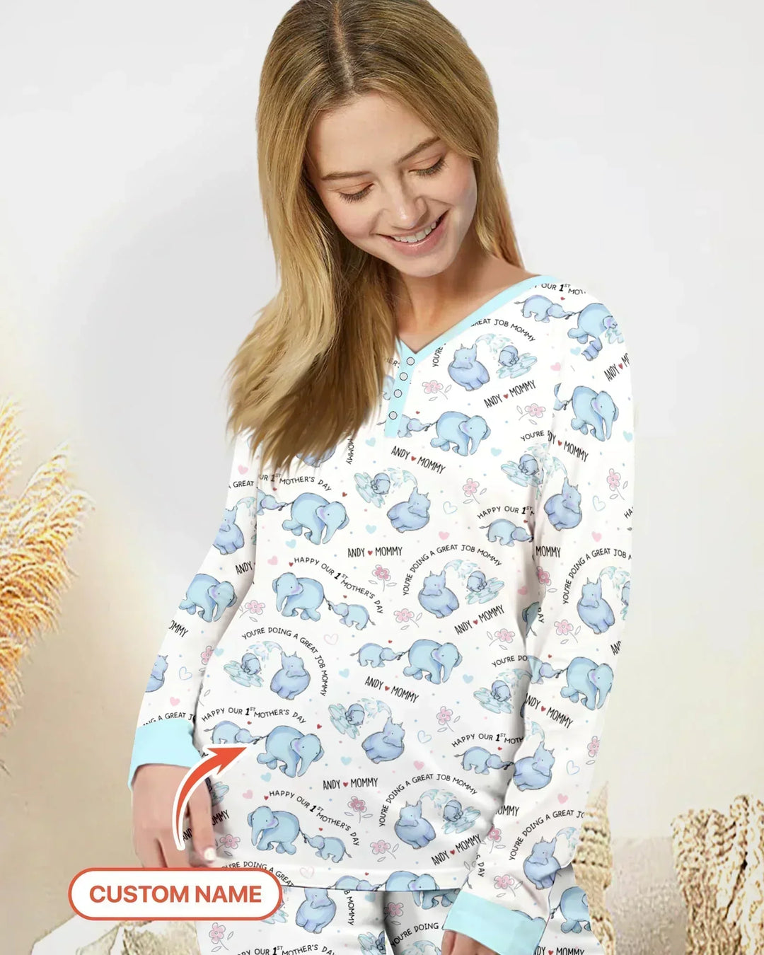 Pyjama-Set für Damen mit Namen, Mutter- und Baby-Elefant aus Bambus