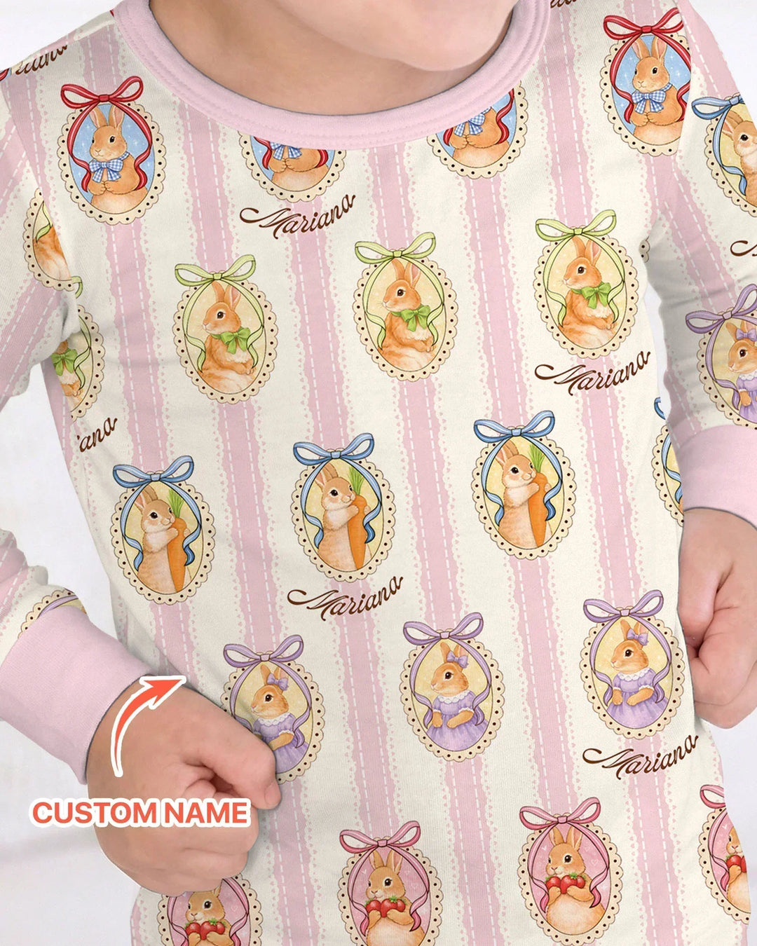 Custom Name Vintage Easter Bunny Bamboo Two Piece Long Sleeve Pajama Set