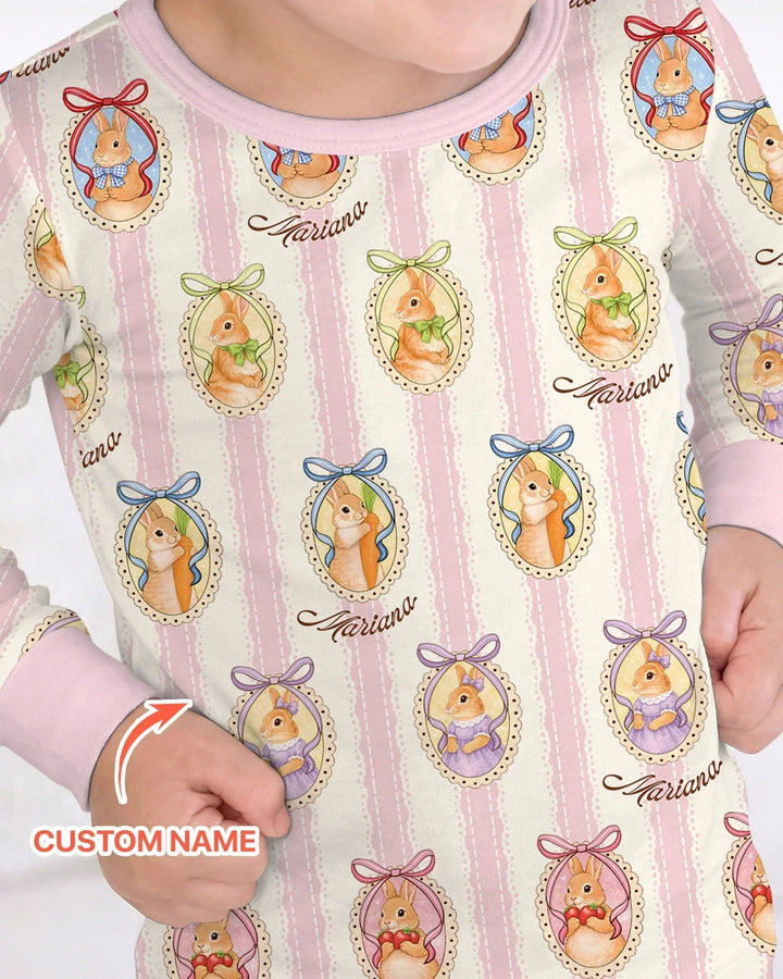 Custom Name Vintage Easter Bunny Bamboo Two Piece Long Sleeve Pajama Set