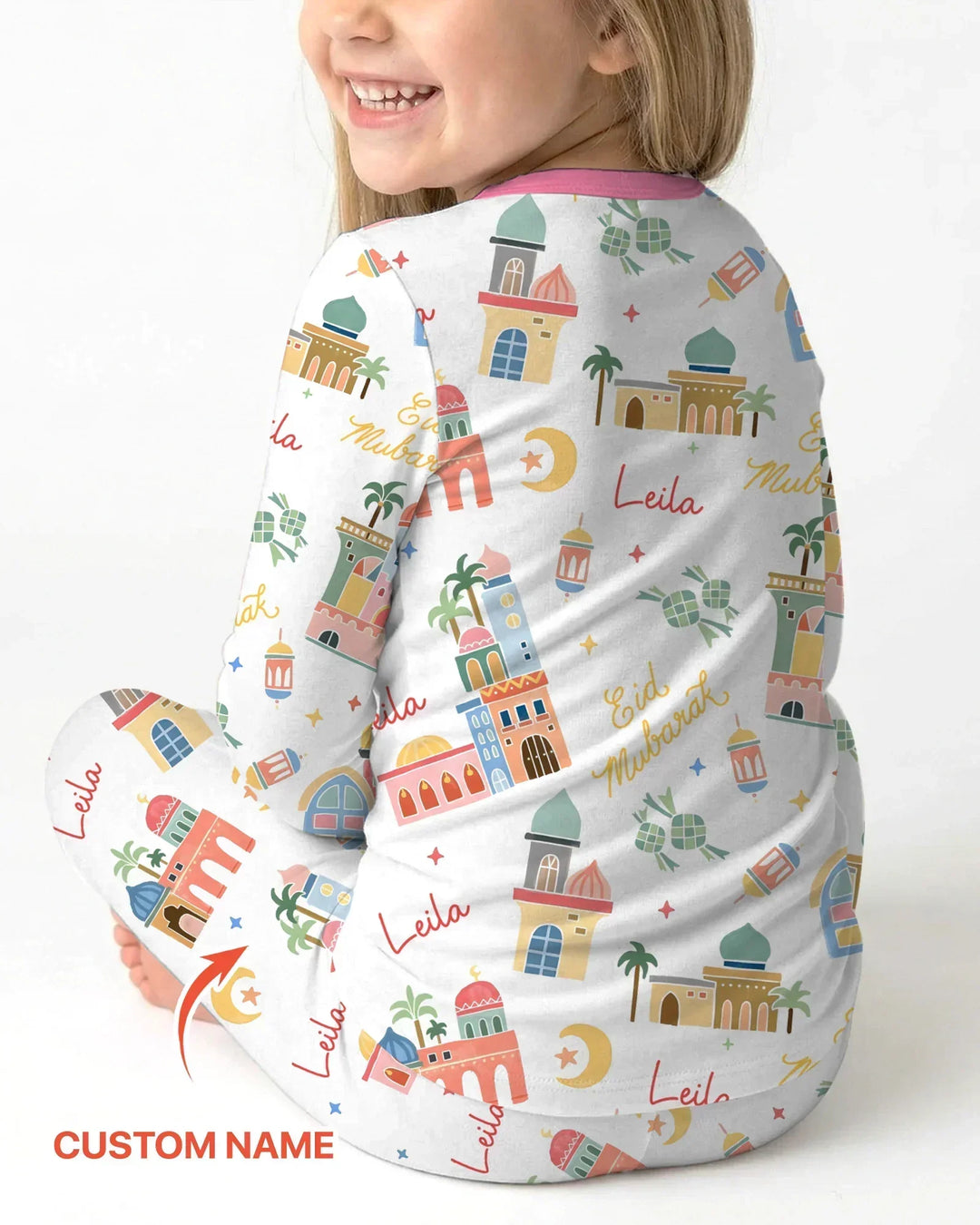 Eid Mubarak Custom Name Bamboo Two Piece Long Sleeve Pajama Set