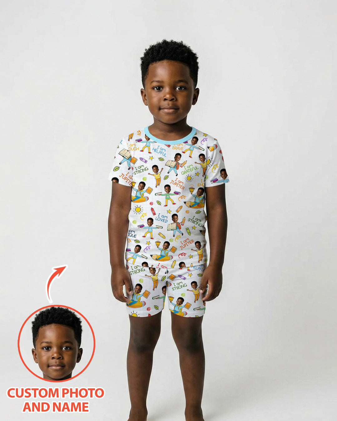 Custom Photo Kid Affirmations I Am Kind Bamboo Two Piece Short Sleeve Shorts Pajama Set