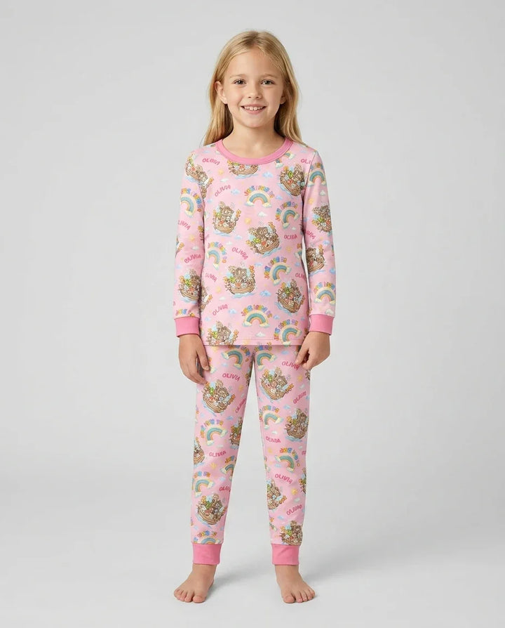Custom Name Jesus Loves Me Noah's Ark Bamboo Two Piece Long Sleeve Pajama Set