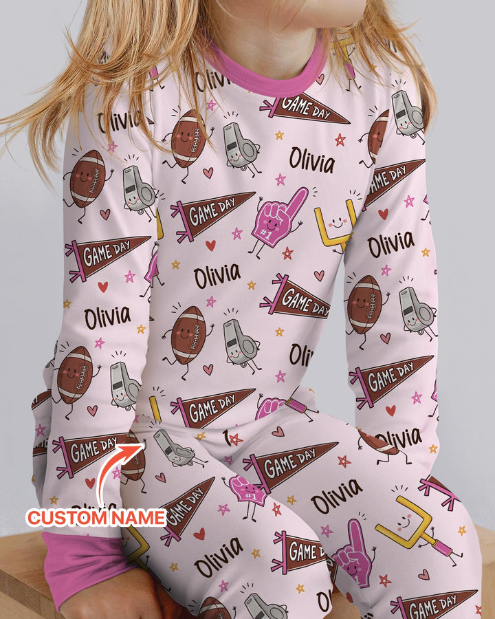 Custom Name Football Game Day Bamboo Two Piece Long Sleeve Pajama Set