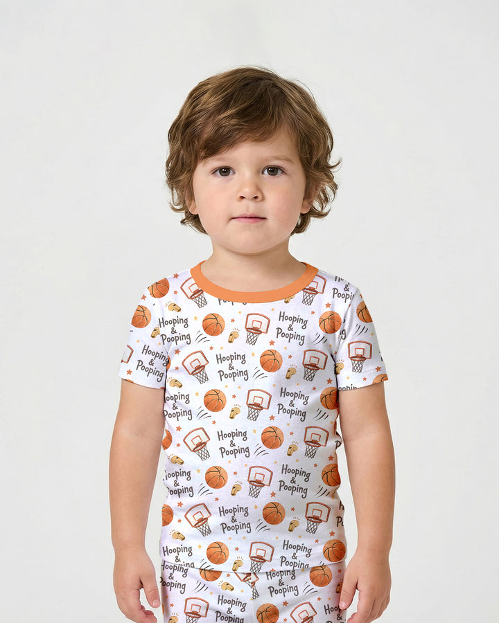 Funny Basketball Hooping & Pooping Bamboo Two Piece Short Sleeve Shorts Pajama Set