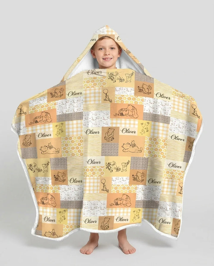 Personalized Classic Bear Patchwork  Bamboo Wearable Hooded Blanket